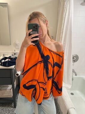 CHANEL Orange Off-Shoulder Top with Navy Abstract Print